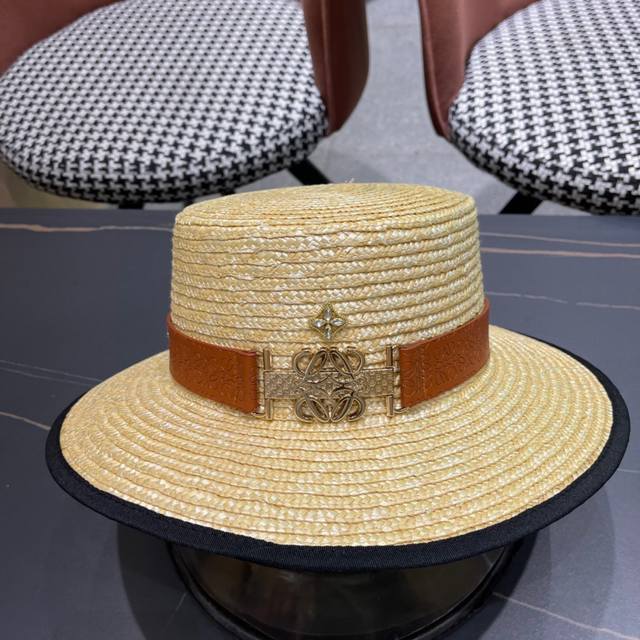 Loewe Original Single Belt Straw Hat Lady Flat Top Easy To Carry Head Circumfere