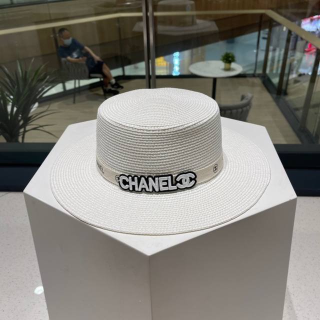 chanel Chanel Flat Top Straw Hat Flat Top Straw Hat Head Circumference 57Cm