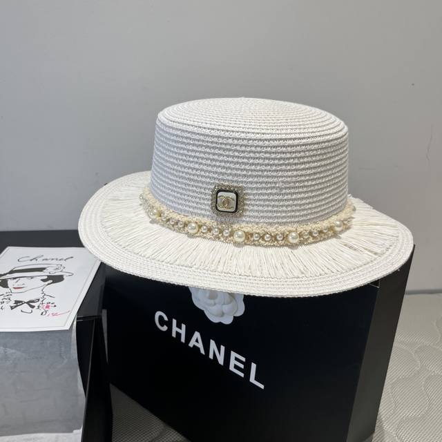 chanel Chanel New Flat Top Straw Hat Head Circumference 57Cm