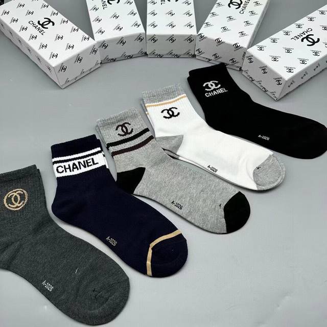 Chanel Chanel Ch Men's Socks, 5 Pairs In A Box, Pure Cotton Material, Soft, Comf