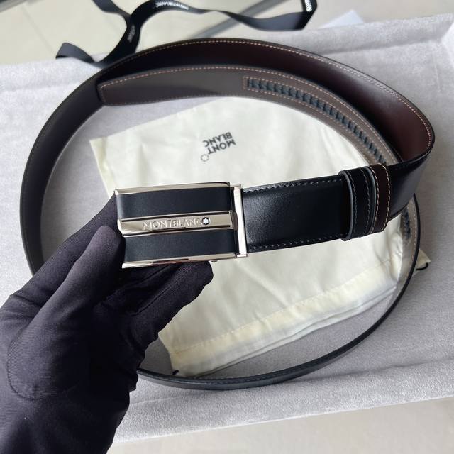 Montblanc Black And Brown Reversible Belt 35 Mm Rectangular Matte Palladium-Plat