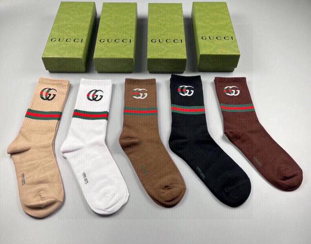 Gucci New Stockings From Gucci, Five Pairs In A Box Double G Logo With Red And G