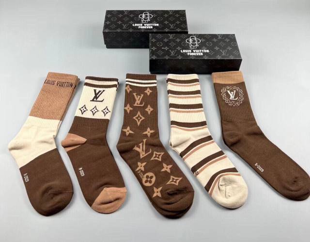 Louis Vuitton New Women's High Socks, 5 Pairs In A Box, Pure Cotton Material, Ja