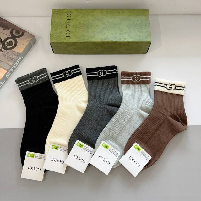 With Packaging 5 Pairs Per Box Gucci New Mid-Tube Socks Classic Gg Letter Counte