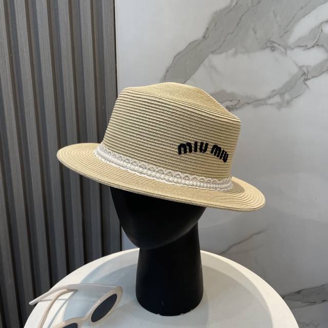 miumiu Miu Miu Lace-Rimmed Flat-Top Straw Hat Versatile And Suitable For All