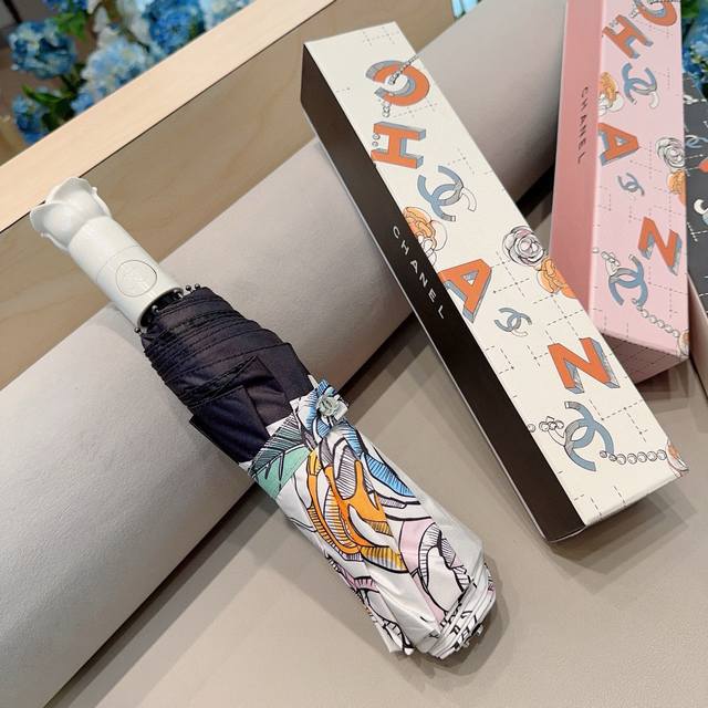 chanel Chanel Rose Flower Head Handle Three-Fold Automatic Folding Umbrella B