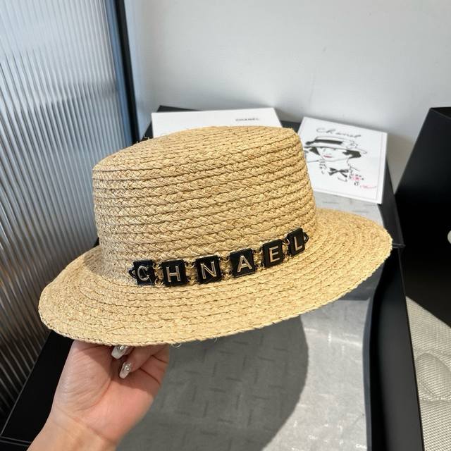 chanel Chanel Raffia Straw Hat Flat Top Hat Head Circumference 57Cm