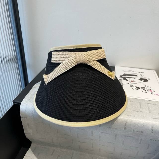 chanel Chanel Hollow Top Sun Hat Pp Straw Fabric Adjustable