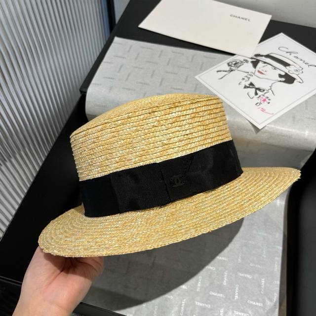 chanel Chanel Official Style Flat Top Hat Made Of Straw Head Circumference 57