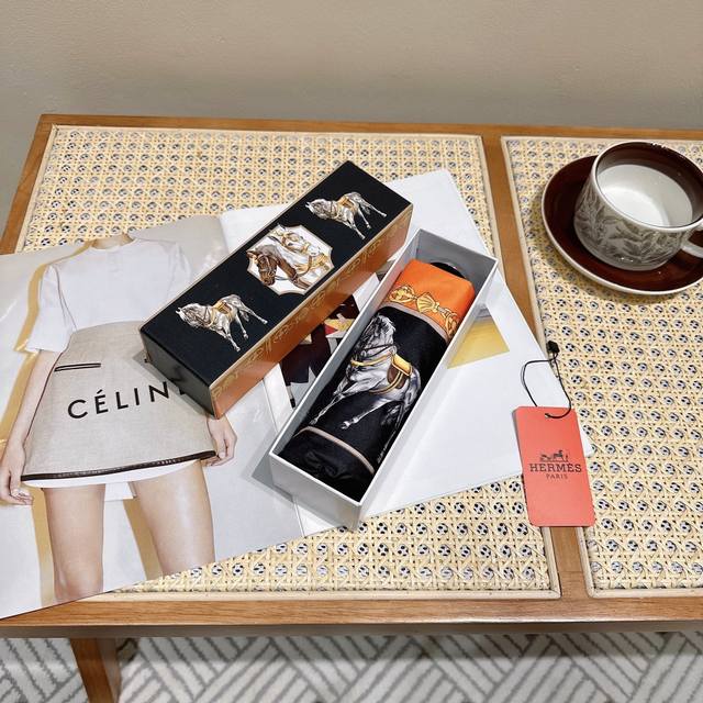 hermes Hermes New 50% Fold Hand-Opening Umbrella New Coating Technology Dark
