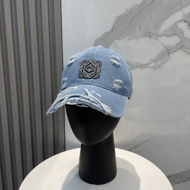 loewe New Ripped Washed Denim Baseball Cap Classic Loewe Embroidered Logo, Un