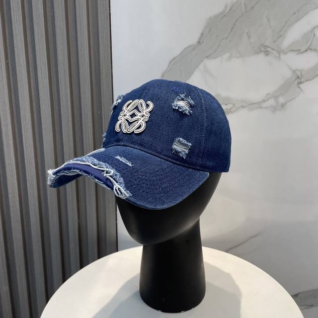 loewe New Ripped Washed Denim Baseball Cap Classic Loewe Embroidered Logo, Un