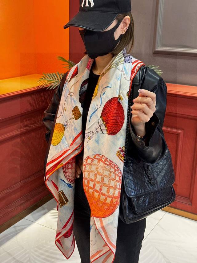 Double-Sided Same Color Original Lv140Cm Velvet Square Scarf Hot Air Balloon Thi