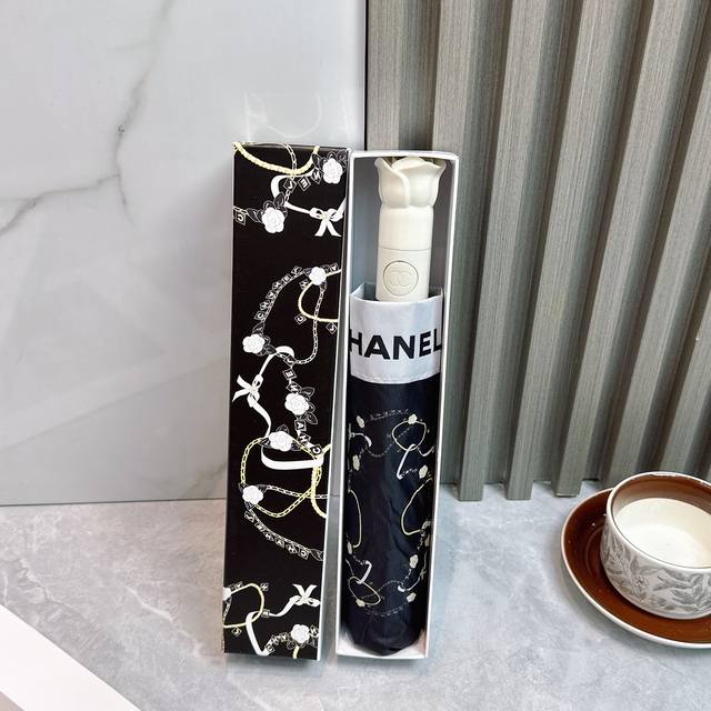 Chanel 2025 summer new fully automatic folding umbrella Black coating sunscreen