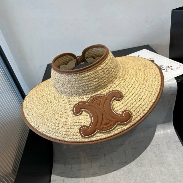 Celine Sunhat with hollow top, Raffia straw hat, head circumference 57cm