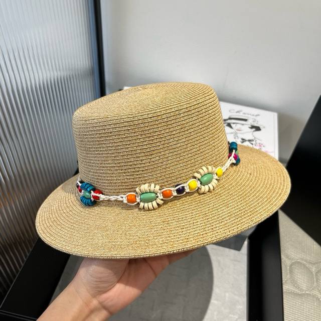 Celine new flat top straw hat, ethnic style flat top hat, head circumference 57C