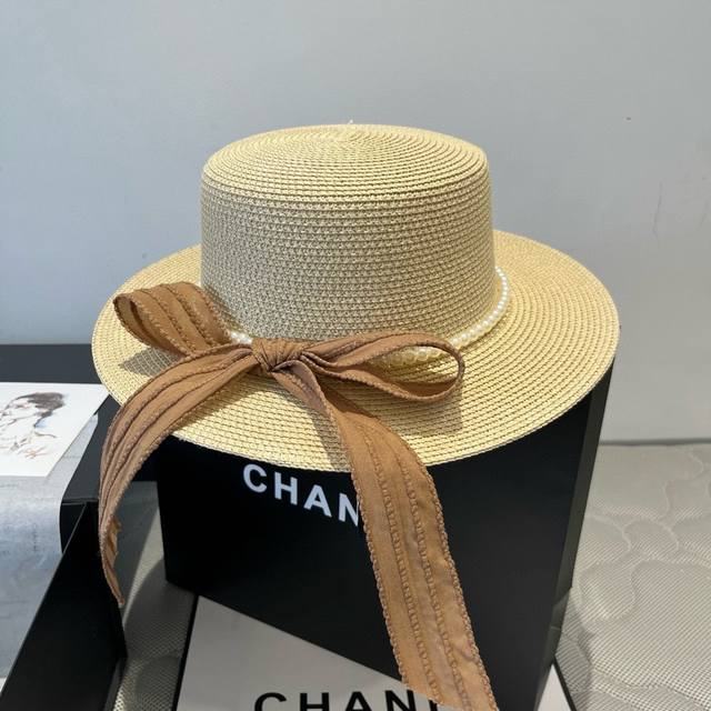 Chanel flat hat, bow visor straw hat, head circumference 57Cm