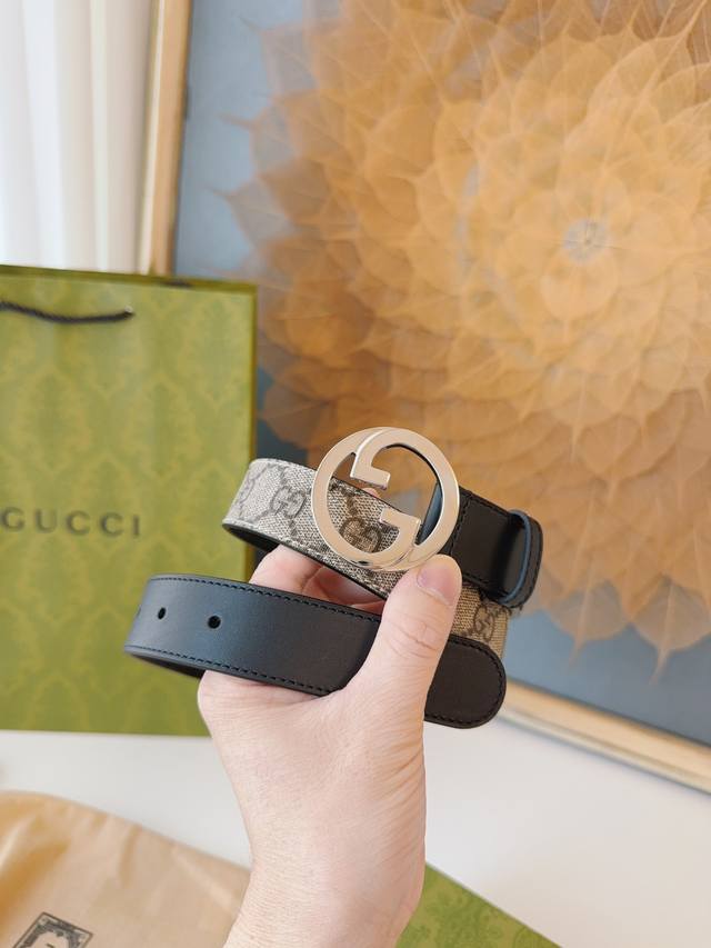 GUCCI new round interlocking double G buckle width 3.0cm Handmade belt made of o
