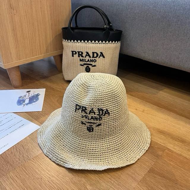 Prada 2025 summer folding straw hat, pure crochet, head circumference 57Cm, fold