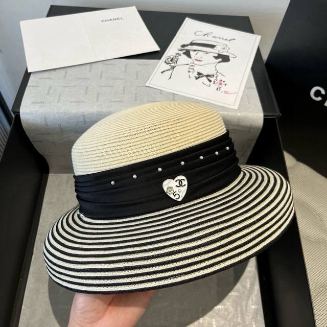 Chanel high-end straw hat, striped lantern hat, lady style, head circumference 5