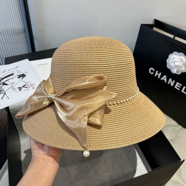 Chanel straw hat, bow basin hat, lady style PP straw hat, head circumference 57C