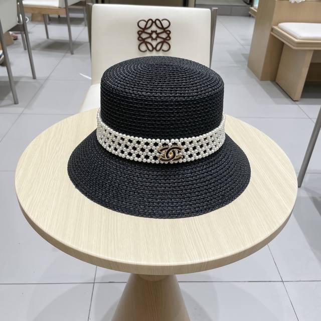 Chanel straw hat, pearl design basin hat, lady style PP straw hat, head circumfe