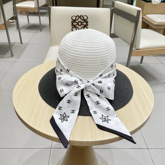 Chanel straw hat, ribbon bow basin hat, lady style PP straw hat, head circumfere