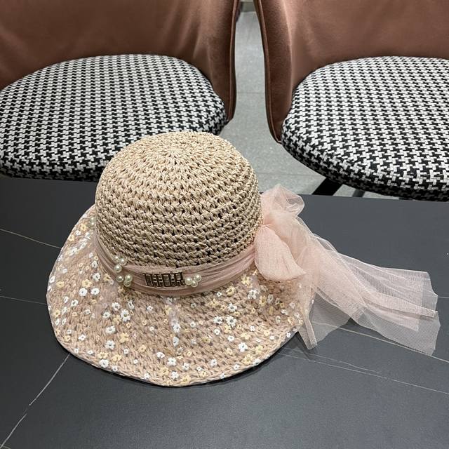 Dior Dior lace pearl bow tie French straw hat for women for summer seaside vacat