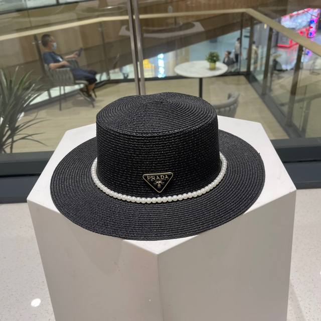 Prada straw hat, high-end custom made, super nice hat shape with pearl accessori