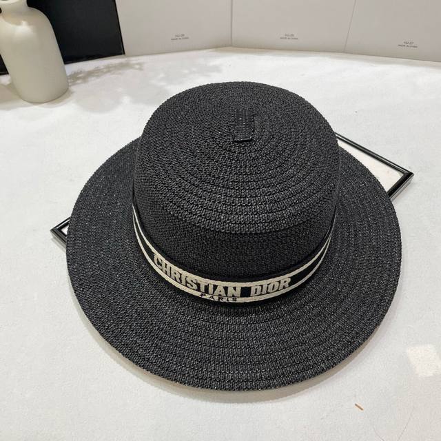 Special price with dust bag Dior 2025 new classic ribbon hat flat top straw hat,