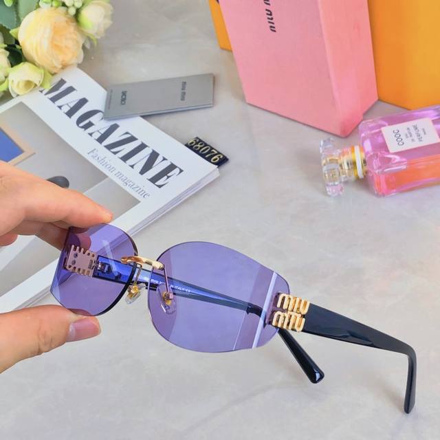 Miumi* European oval frameless trimmed sunglasses hot girl street shot concave s