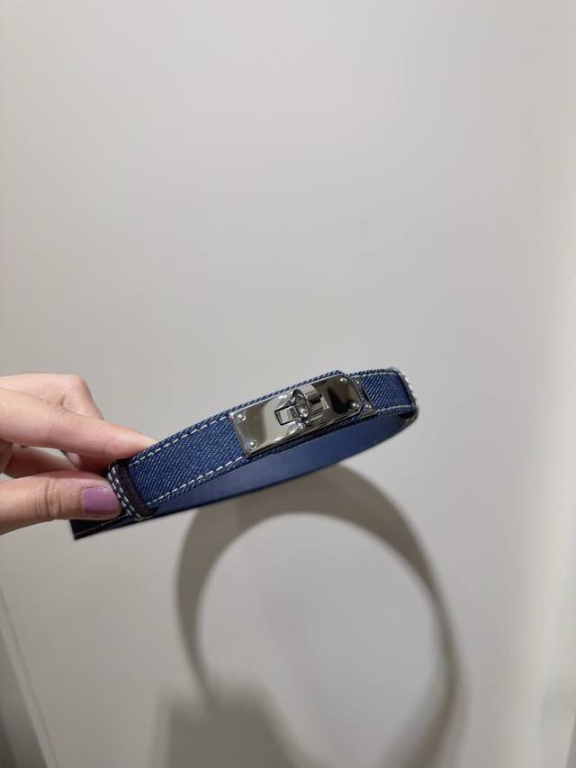 New H Denim Kelly Buckle Epsom calf leather and denim belt with palladium plated