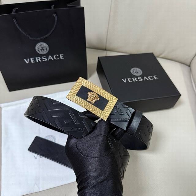 Versace, width 4.0cm, men's imported top layer cowhide Medusa head veneer buckle