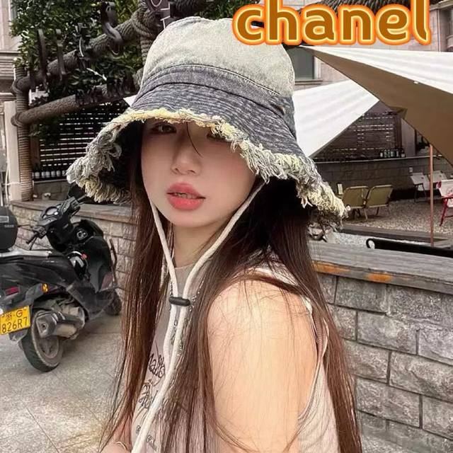 Chanel Chanel gradient raw edge denim fisherman hat female Japanese summer outdo