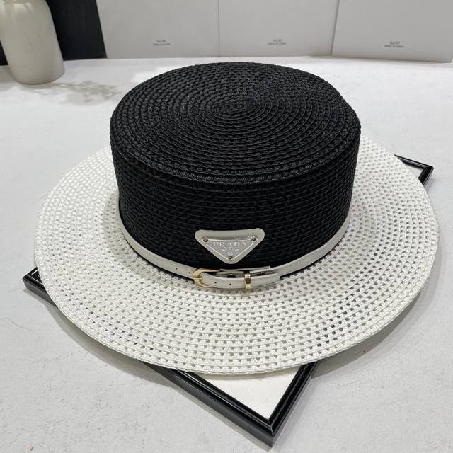 Special price with dust bag Prada Prada 2025 new wide-brimmed hat flat-top straw