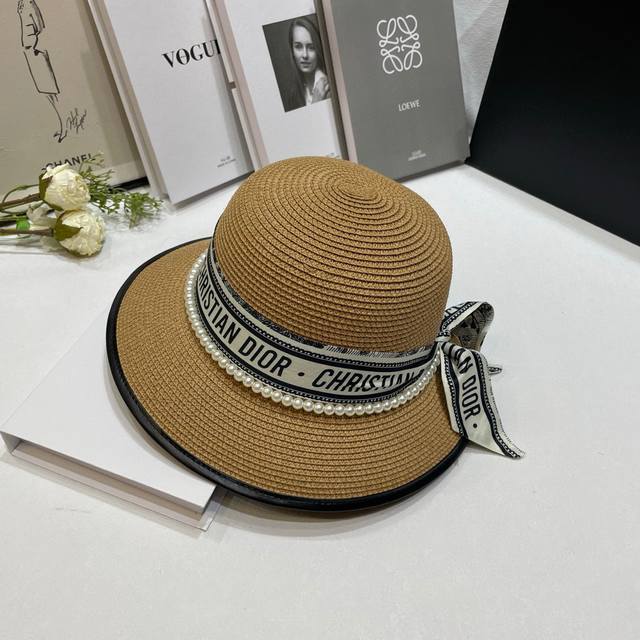 Special price with dust bag Dior 2025 new ribbon pearl wide brim hat basin hat s