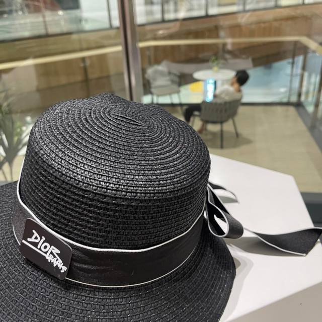 Dior straw hat, ladylike sun hat, large butterfly knot head circumference 57Cm