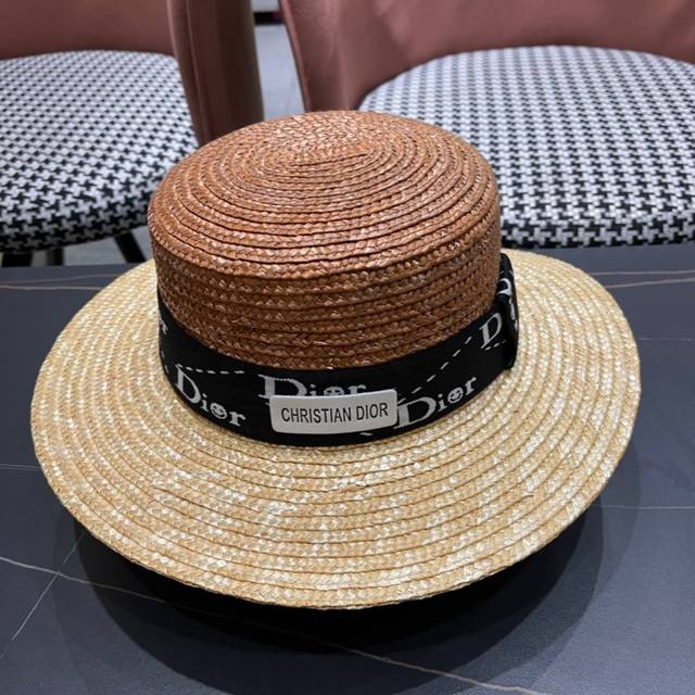 Dior 2025 new style straw hat, flat top color matching straw hat, head circumfer