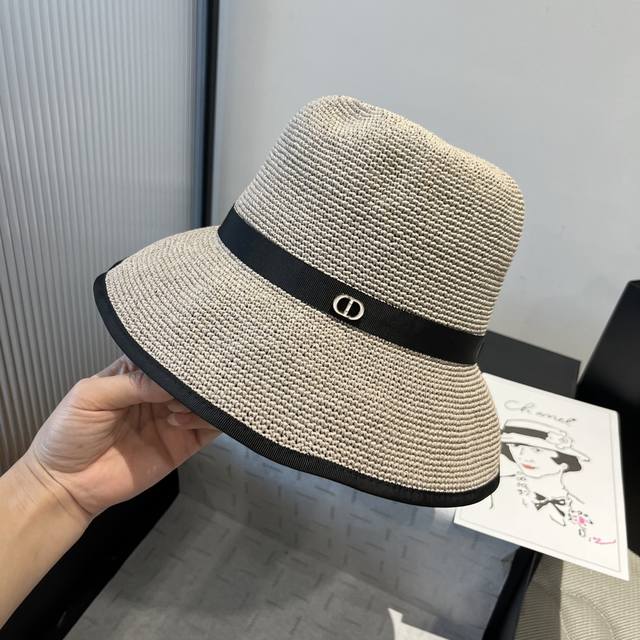 Dior new hat, high-grade Pp straw, color matching basin hat, celebrity style, he