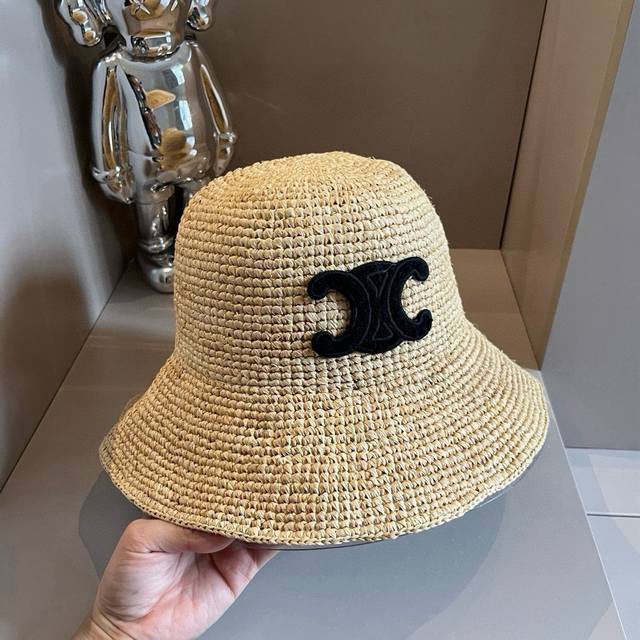 Celine Raffia straw hat, foldable, head circumference 57cm