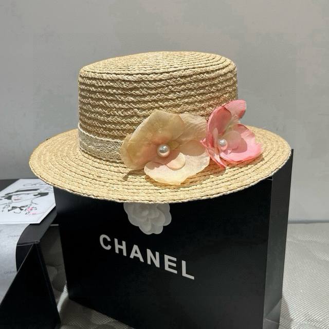 Chanel raffia hat, flower flat hat, essential for travel, head circumference 57c