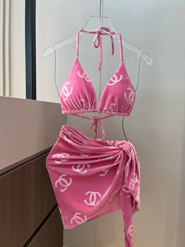 Chanel Corduroy Classic Bikini Three-piece Swimsuit Suitable for a variety of sc