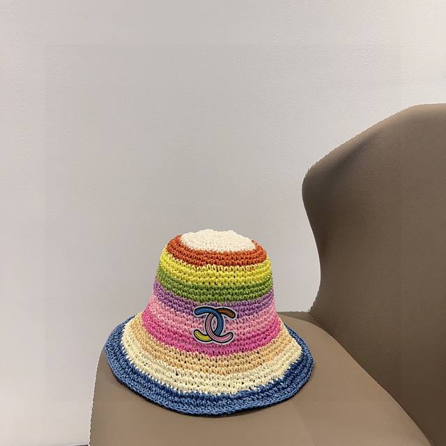 with dust bag Chanel 2025 new rainbow Reba same style woven fisherman hat, versa