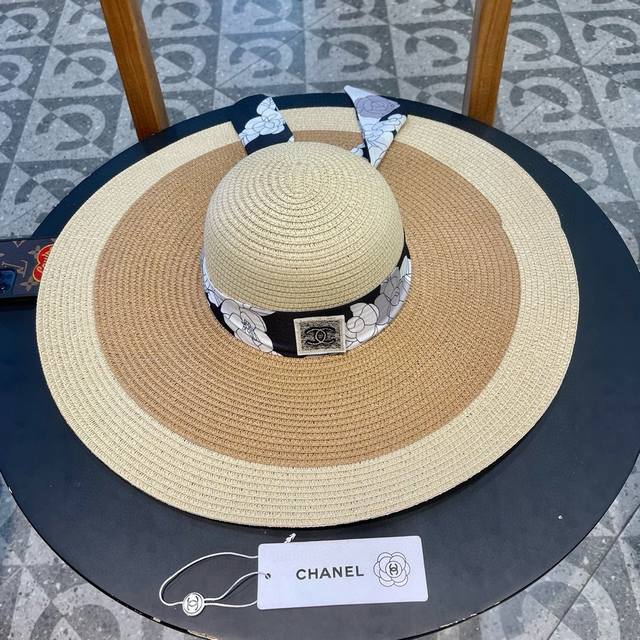 Chanel straw hat, beach hat with wide brim, color matching straw hat, head circu