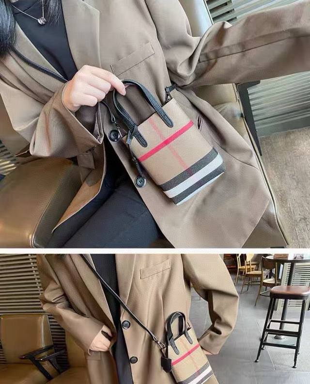 Burberry mobile phone bag, classic plaid canvas stitching cowhide, crossbody bag