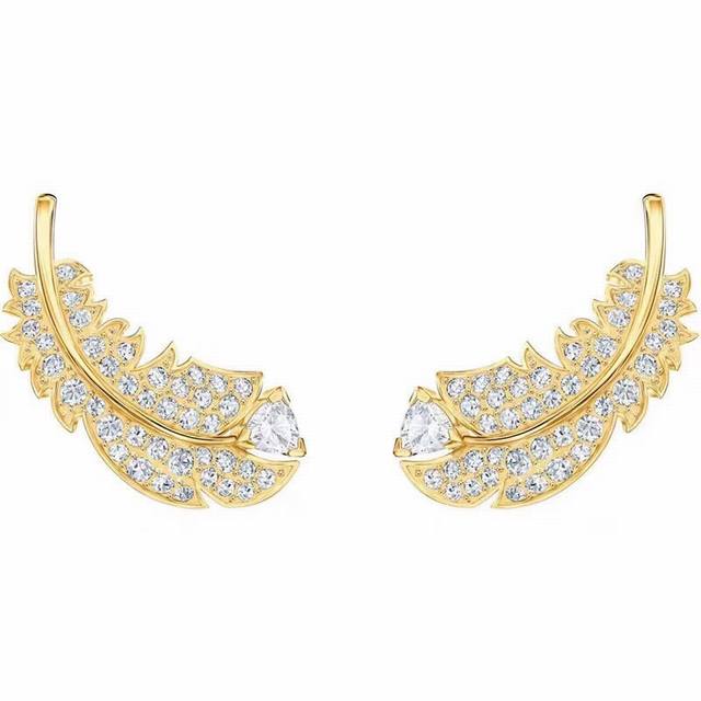 Swarovski Yellow Gold Teardrop Single Diamond Feather Earrings Feathers are a po