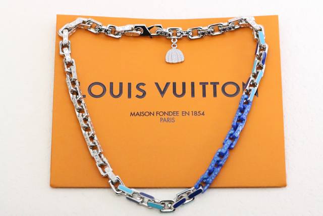 Actual photo taken Lv blue enamel tempered bamboo necklace Monogram Chain neckla