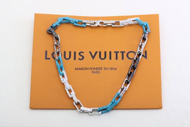 Actual photo taken Louis Vuitton Blue Bamboo and White Section Necklace This Mon