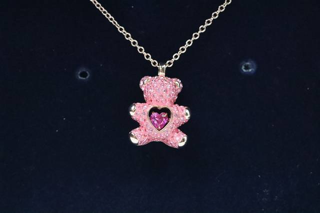 Hot Sale Swarovski Heart-beating Pink Diamond Teddy Bear Necklace Earring Set Cu