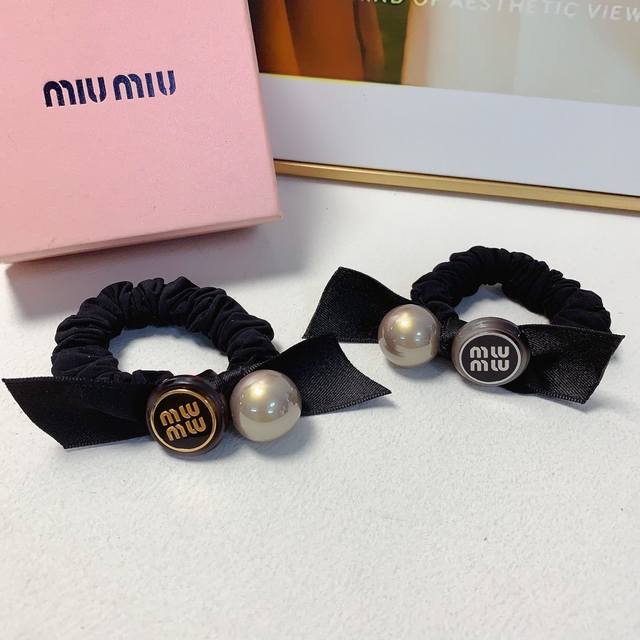 Miumiu Miu Miu Miumiu hair band bow pearl logo rubber band hair band temperament